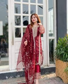 3 Pcs Women's Stitched Organza Embroidered Suit
