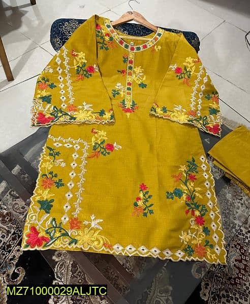 2pcs woman Stitched linen embroidered suit  03022914817 2