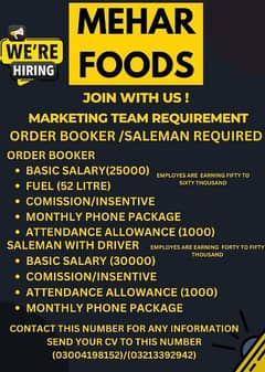 Mehar foods WE ARE HIRING Order booker / Sales Man Required