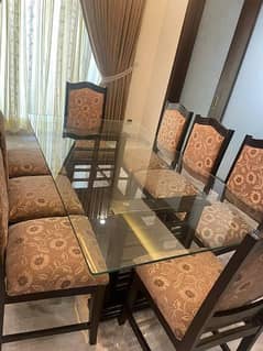 Dinning Table sheesha ka aur 8 chairs for sale