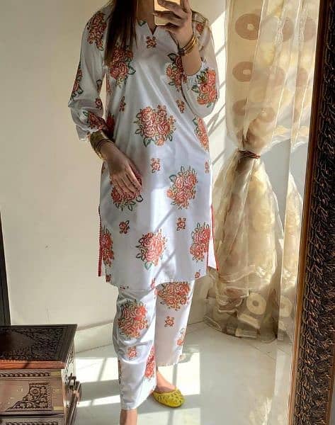 2 Pcs Women's Stitched Linen Printed Shirt And Trouser 8