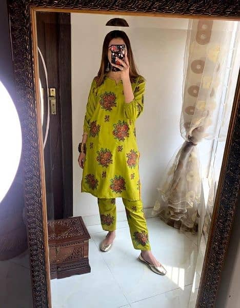 2 Pcs Women's Stitched Linen Printed Shirt And Trouser 9