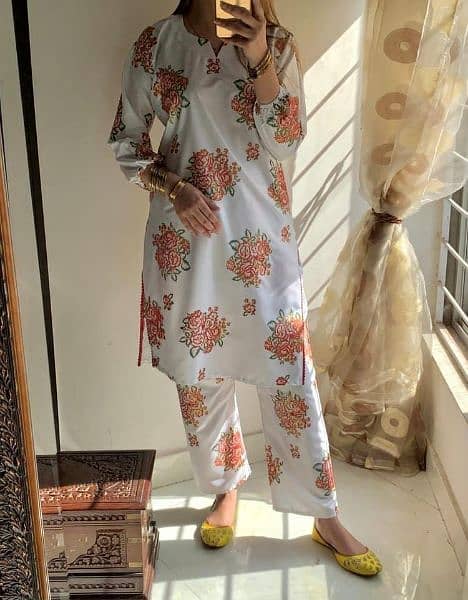 2 Pcs Women's Stitched Linen Printed Shirt And Trouser 10