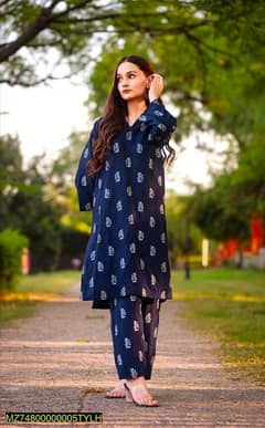 2 Pcs Women's Stitched Linen Printed Shirt And Trouser 0