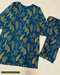 2 PCs Women stitched linen block printed shirt and trouser