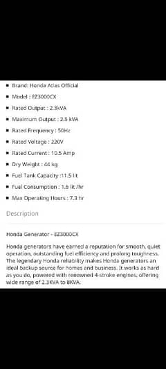 Honda generator EZ3000CX 2.5kva