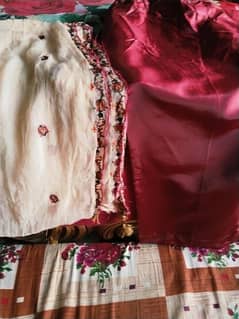 mehroon plzo raw silk skin colour shirt dubara full embroidery dress