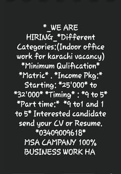 *I Need Male and Female Staff For Office Work. * 'Only Karachi