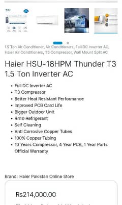 Haier HSU-18HPM thunder T3 1.5 ton inverter AC 0