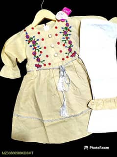 Girl's Stitched Cotton Frock And Trouser Set