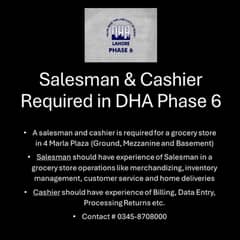 Salesman, Cashier and Helper Required for Grocery Store in DHA Phase 6