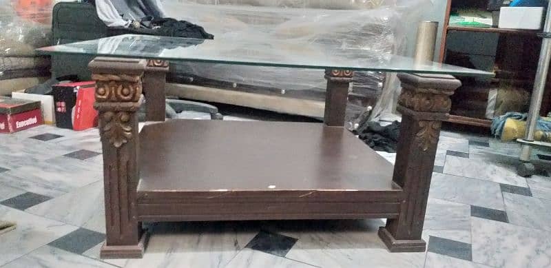 wooden center coffee table with thick Glass top 1