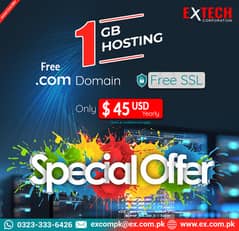 Get Free . Com Domain with 1GB Hosting and Free SSL in just $45USD 0
