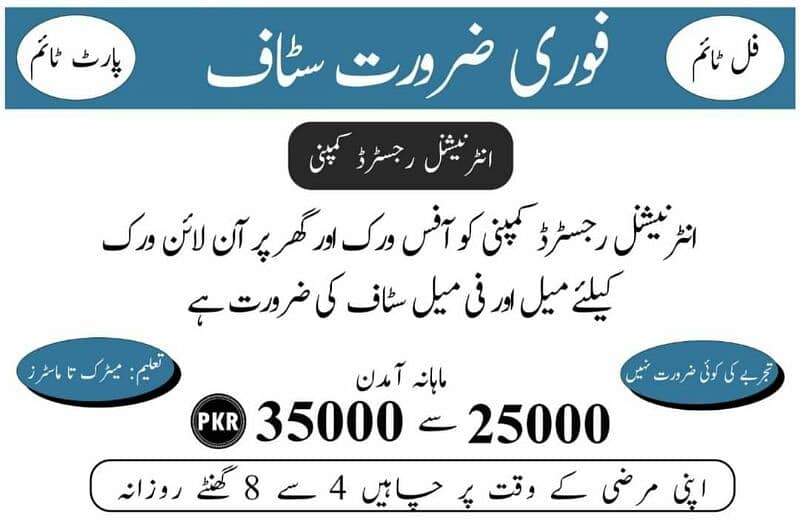 male or female staff required for home base and office base work 0