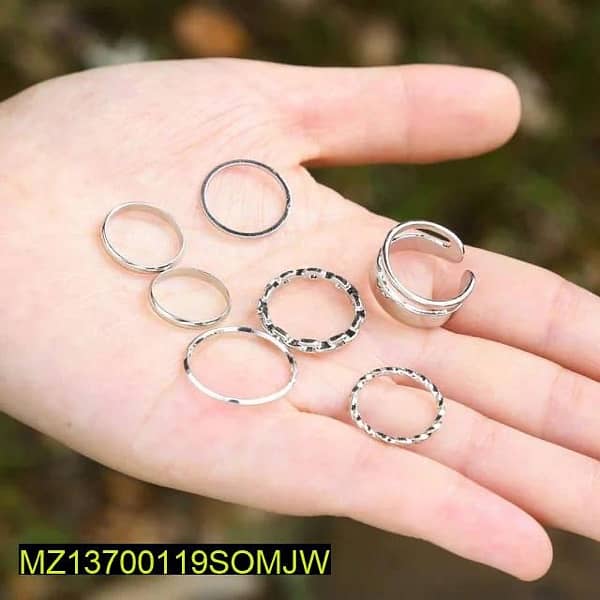 Unisex Hip-hop Pack of 7 rings ser in silver 2