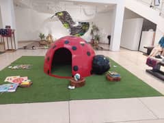 Wooden Ladybug House for kids with grass carpet