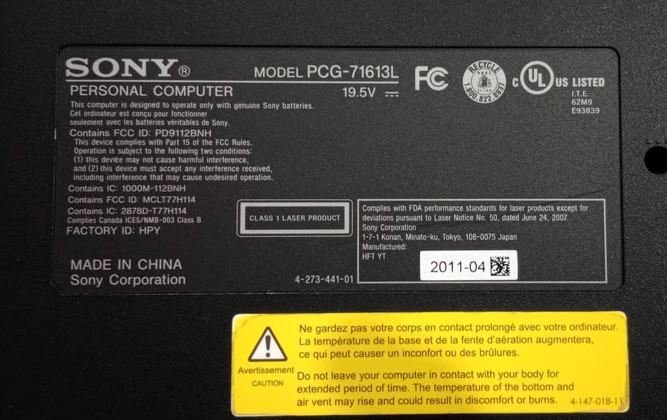 Sony vaio PCG-7161-13L -Intel i5- 2410M- Processor: 2.30 GHz RAM: 4GB 4