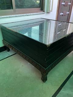 Center Wooden Table with Top Glass