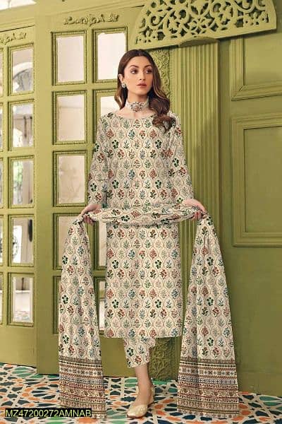 3 Pcs Women's Unstitched Lawn Printed Suit 1