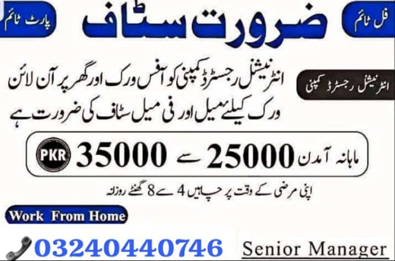 We need males and females required for office work and Home base. 0