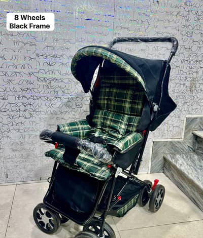 8 Wheels Black Frame premium baby stroller pram best for new born moth