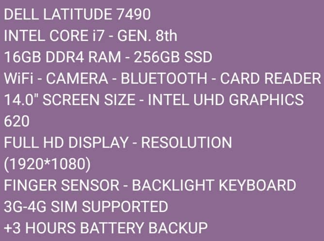 DELL LATITUDE 7490 CORE i7 GEN. 8th 16GB DDR4 RAM 256G SSD FHD BACKLIT 11
