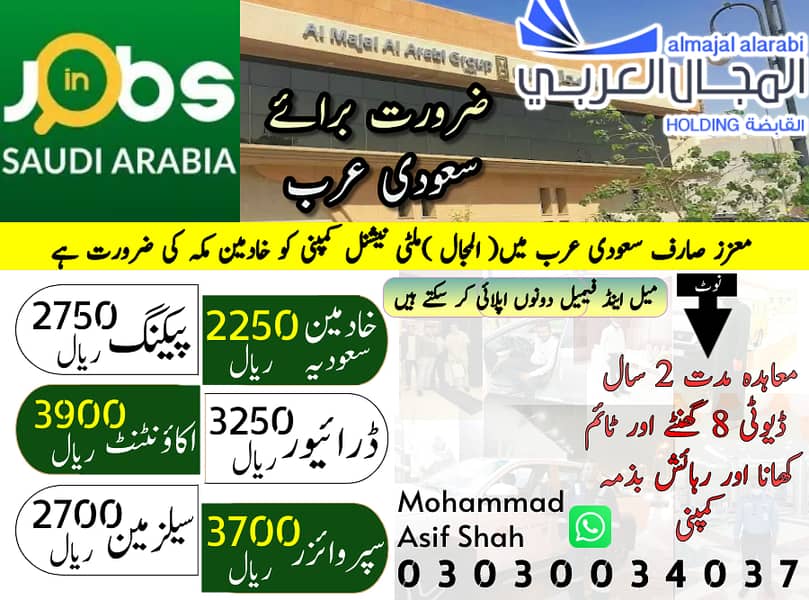 Vacancies in Saudia, Jobs in saudia, Staff Required,Work Visa Availabe 0