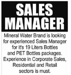 Sales Manager/Sales man required for Mineral Water Brand