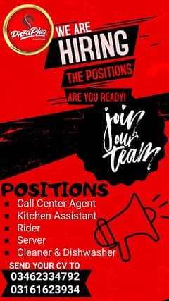 Required Call Center Agent, Rider, Kitchen Staff and Server