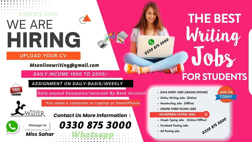 Handwriting/data entry jobs, Daily Income:1500 to 2500 Per Assignment- 2