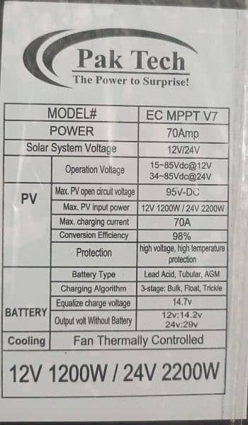 MPPT Solar Charge Controller Pak tech Non hybrid 70 Ampere 4