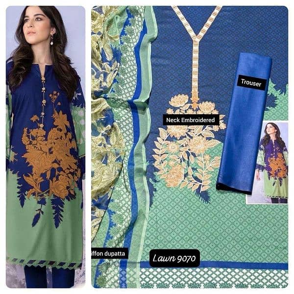 3pc lawn dresses embroided with chiffon/lawn doppta wholesale 1