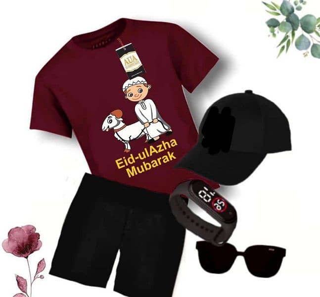 5 pieces Eid collection for boys shirt trousers cap glasses and watch 1