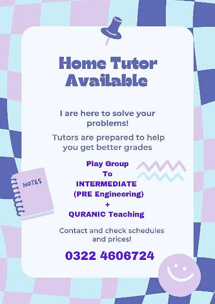 Home Tutor availabe. Play Group to Inter+Quranic Teaching. 0