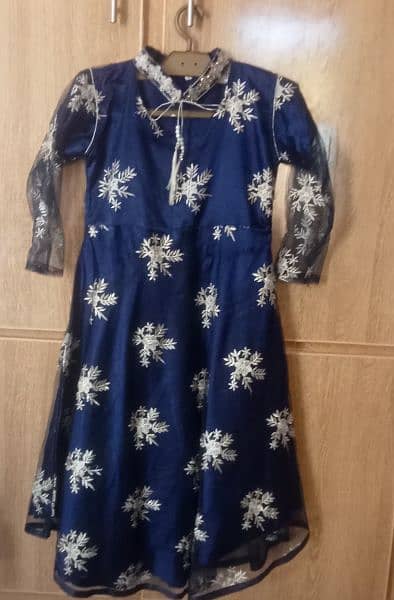 blue embroidered long frock with trouser and dupatta 3 piece suit 0