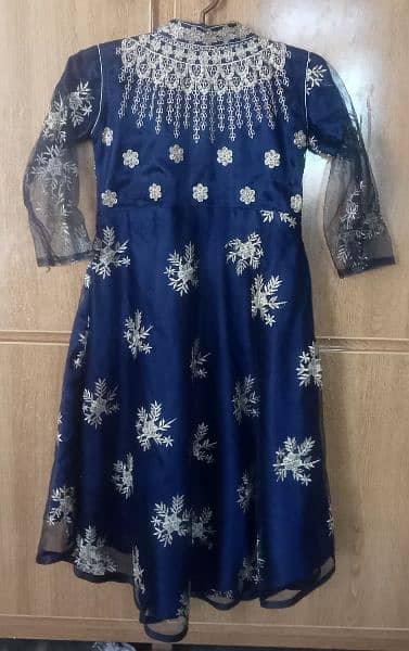 blue embroidered long frock with trouser and dupatta 3 piece suit 1