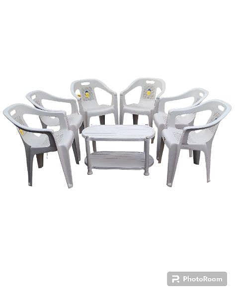 Plastic 6 Chairs 1 double shelf table 0