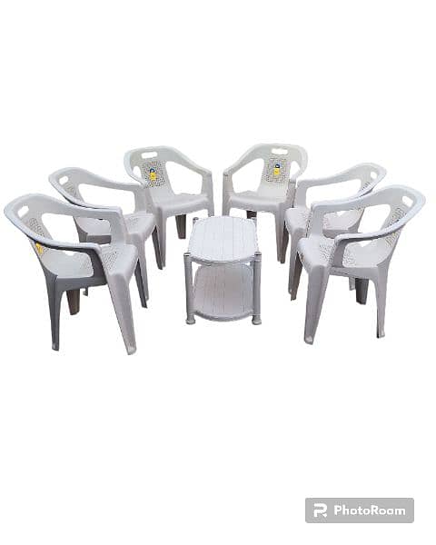 Plastic 6 Chairs 1 double shelf table 1