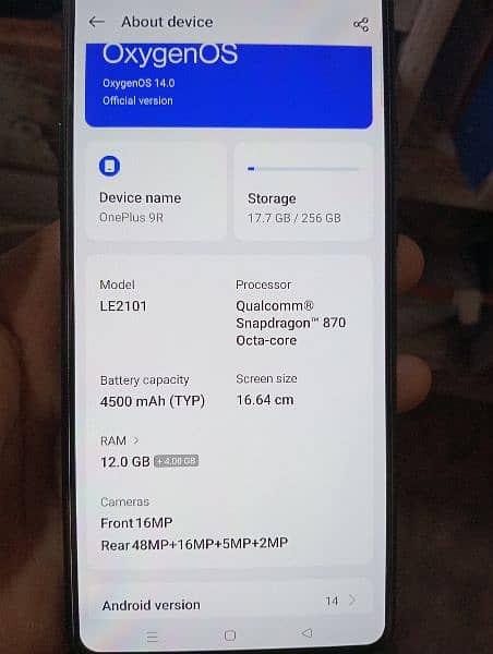 one plus 9r  Rom 12+4gb Ram. 256gb snapdragon 870 4