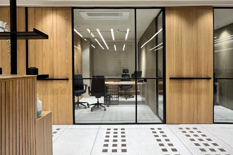 Glass partition/office renovation/vinyl flooring/front desk/media wall 1