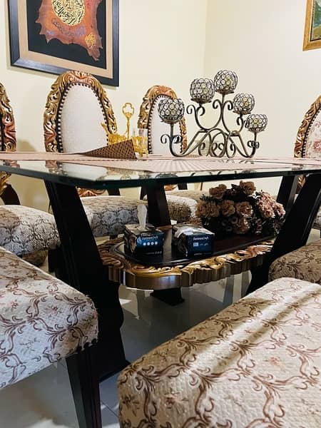8 seater designer dining table / 8 chairs / wooden /glass top 3