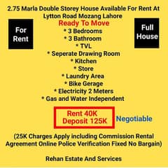 2.75 Marla Double Storey House For Rent At Lytton Road Mozang Lahore