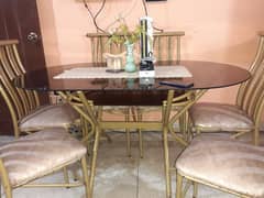 IRON DINING TABLE BROWN GLASS wth 6 CHAIR For Sale