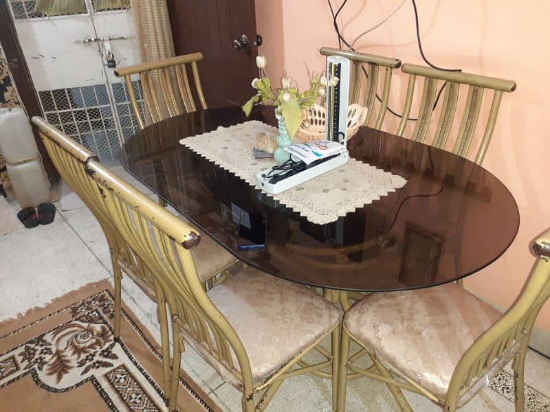 IRON DINING TABLE BROWN GLASS wth 6 CHAIR For Sale 3