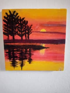 Acrylic painting of sun set above sea