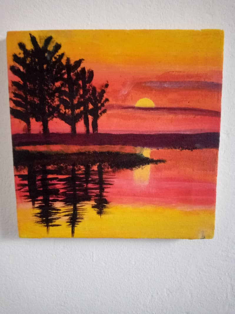 Acrylic painting of sun set above sea 0