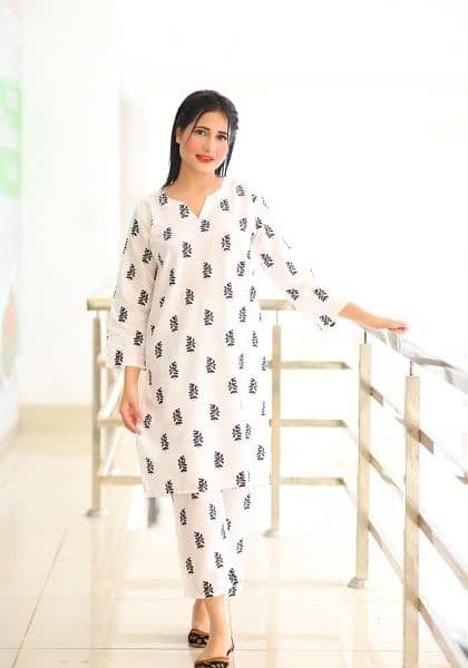 2 Pcs Women's Stitched Linen Printed Shirt And Trouser 1