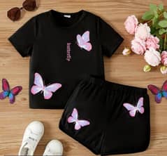 2 pcs stitched Cotton T SHirt and short -Butterfly Graphic set Black 0