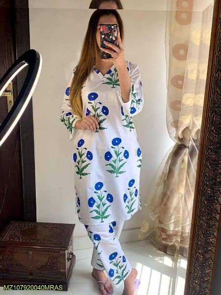 2 Pcs Women stiched Arabic Lawn Printed Shirt and Trouser 1
