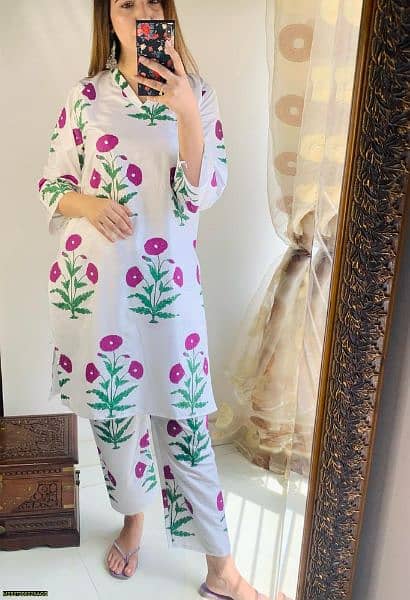 2 Pcs Womens Stitched linen Printed Shirt and Trouser 4